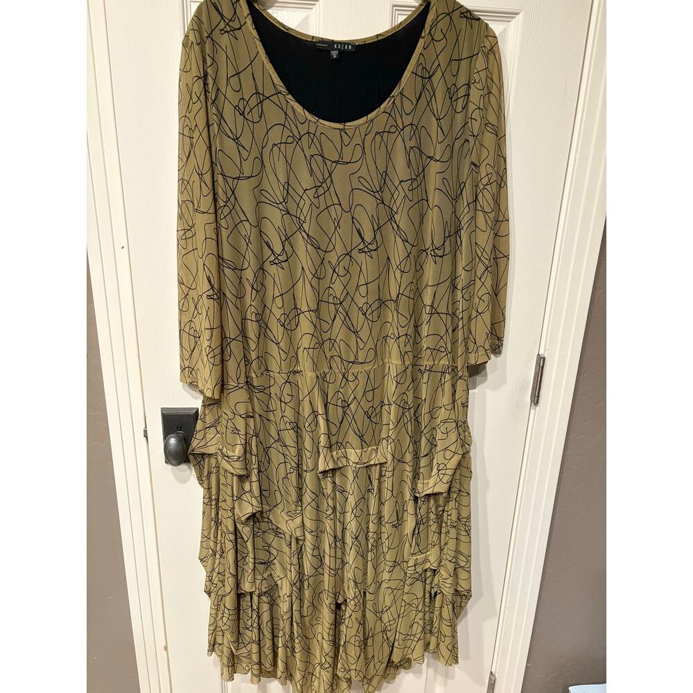 KOZAN Chartreuse Green Abstract Maxi Dress Size 2X Mesh Modest Artsy Long Sleeve